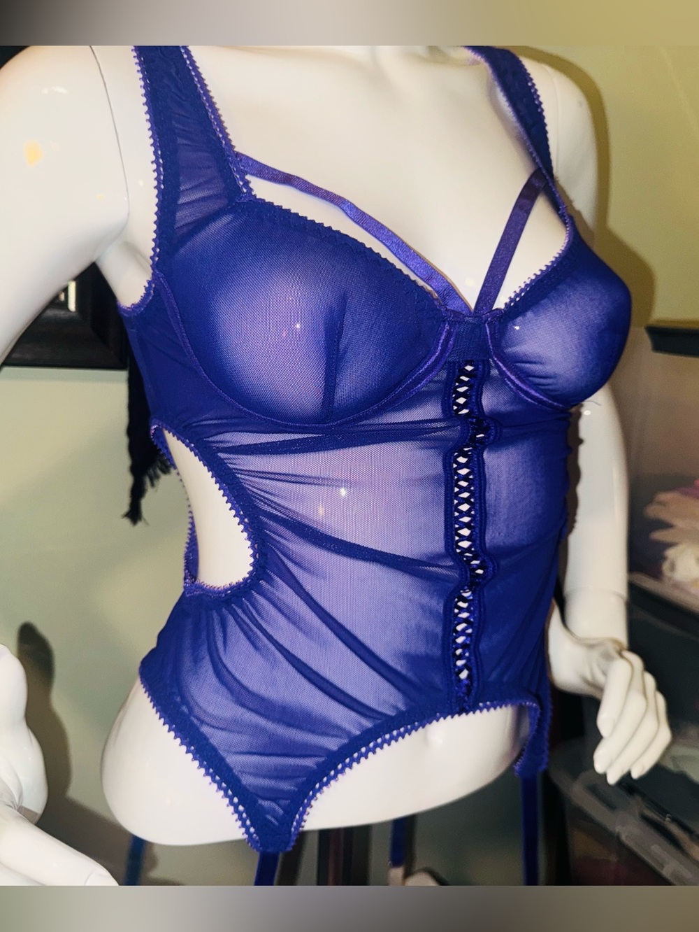 👑 Size Small/Medium Sexy Sheer Strappy Purple Bodysuit with Lace-Up Front